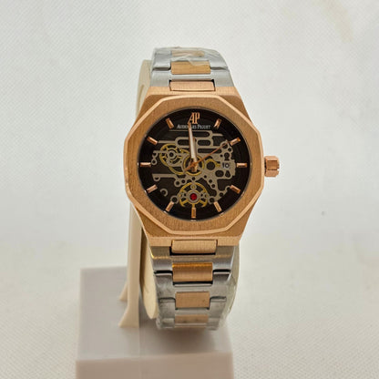 Two-Tone Luxury Quartz Watch for Men – Golden & Silver Finish | Skeleton-Style Dial