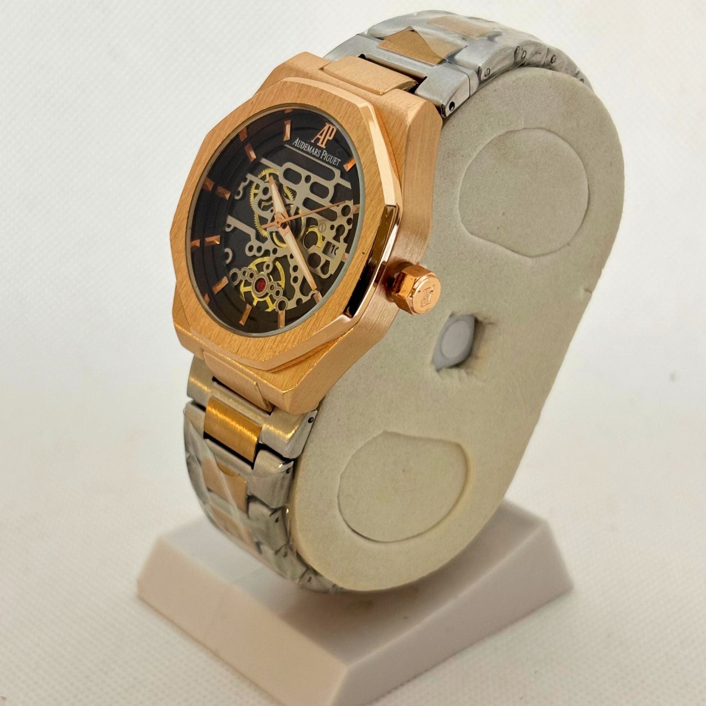 Two-Tone Luxury Quartz Watch for Men – Golden & Silver Finish | Skeleton-Style Dial