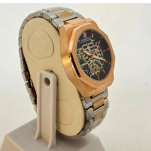 Two-Tone Luxury Quartz Watch for Men – Golden & Silver Finish | Skeleton-Style Dial