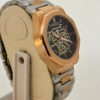 Two-Tone Luxury Quartz Watch for Men – Golden & Silver Finish | Skeleton-Style Dial