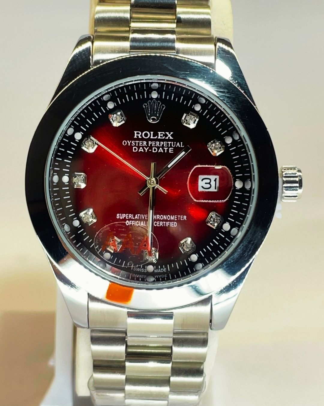 Rolex-Inspired Silver Watch with Ruby Red Dial Stainless Steel – Elegant, Comfortable & Premium | FineOclock