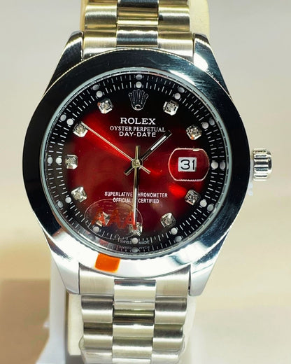 Rolex-Inspired Silver Watch with Ruby Red Dial Stainless Steel – Elegant, Comfortable & Premium | FineOclock