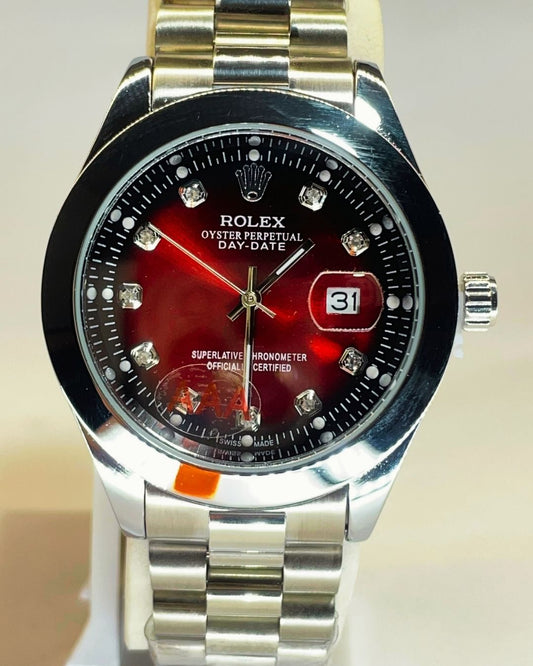 Rolex-Inspired Silver Watch with Ruby Red Dial Stainless Steel – Elegant, Comfortable & Premium | FineOclock