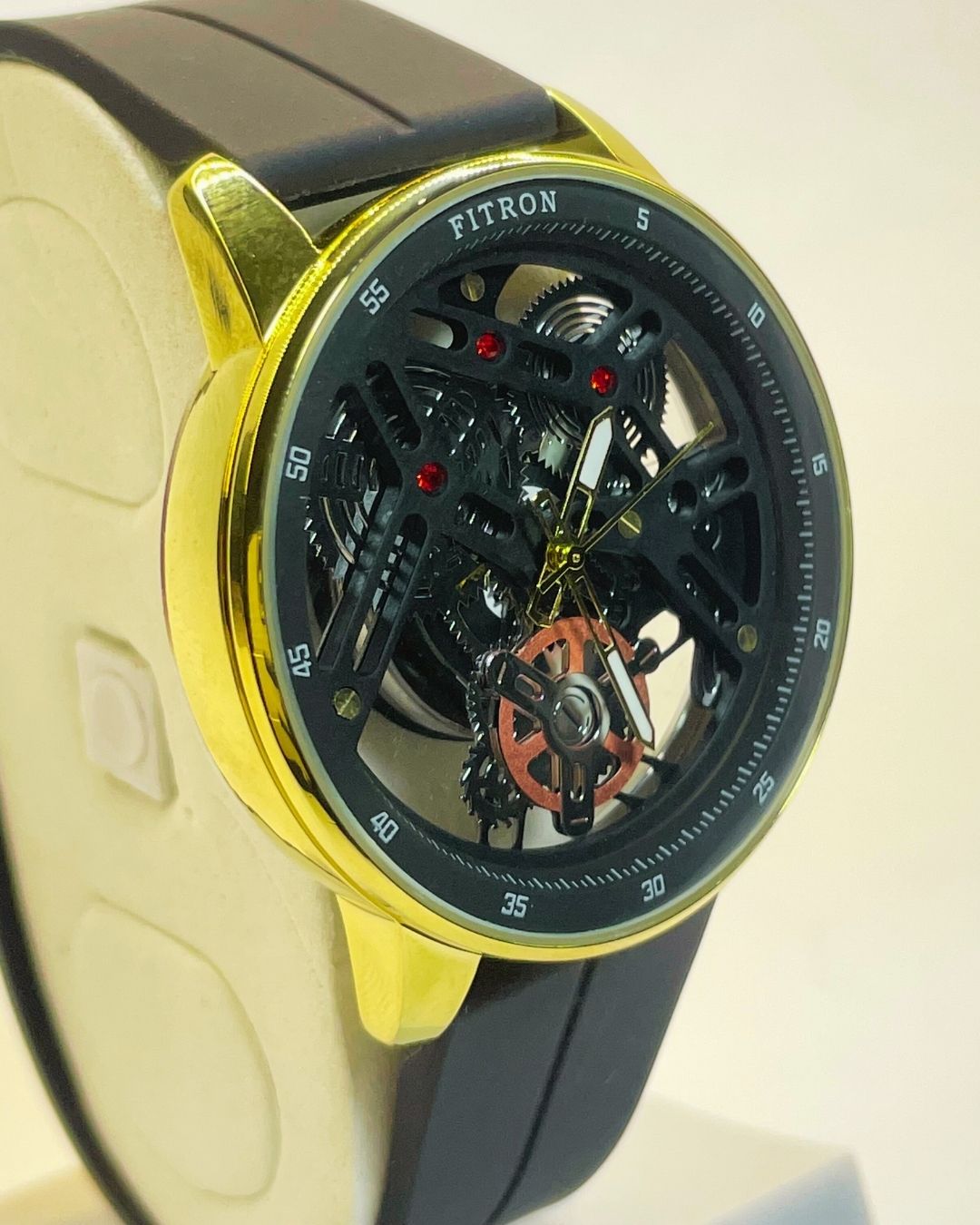 Fitron Men's Luxury Black Watch with Golden Case Rubber Straps – Elegant, Comfortable & Premium | FineOclock