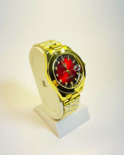 Rolex-Inspired Golden Watch with Crimson Red Dial Stainless Steel – Elegant, Comfortable & Premium | FineOclock