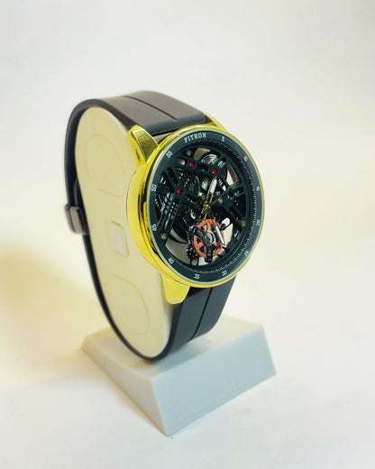 Fitron Men's Luxury Black Watch with Golden Case Rubber Straps – Elegant, Comfortable & Premium | FineOclock