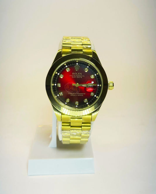 Rolex-Inspired Golden Watch with Crimson Red Dial Stainless Steel – Elegant, Comfortable & Premium | FineOclock