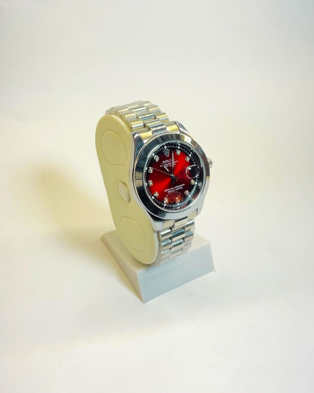 Rolex-Inspired Silver Watch with Ruby Red Dial Stainless Steel – Elegant, Comfortable & Premium | FineOclock