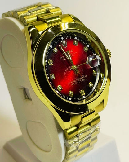 Rolex-Inspired Golden Watch with Crimson Red Dial Stainless Steel – Elegant, Comfortable & Premium | FineOclock