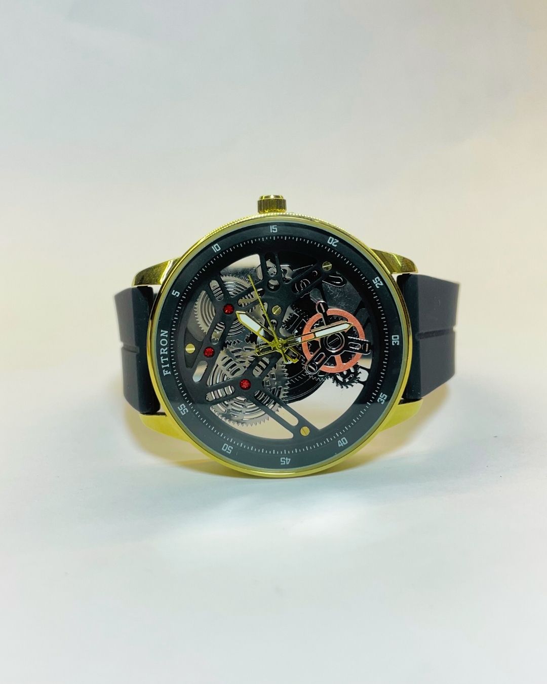 Fitron Men's Luxury Black Watch with Golden Case Rubber Straps – Elegant, Comfortable & Premium | FineOclock