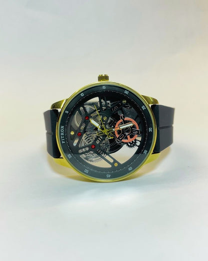 Fitron Men's Luxury Black Watch with Golden Case Rubber Straps – Elegant, Comfortable & Premium | FineOclock