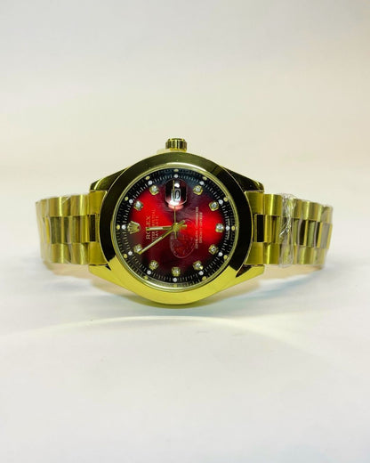 Rolex-Inspired Golden Watch with Crimson Red Dial Stainless Steel – Elegant, Comfortable & Premium | FineOclock