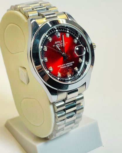 Rolex-Inspired Silver Watch with Ruby Red Dial Stainless Steel – Elegant, Comfortable & Premium | FineOclock