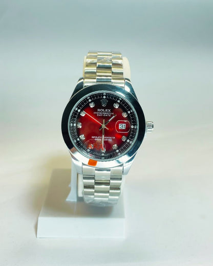 Rolex-Inspired Silver Watch with Ruby Red Dial Stainless Steel – Elegant, Comfortable & Premium | FineOclock