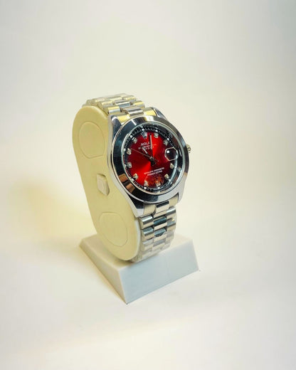 Rolex-Inspired Silver Watch with Ruby Red Dial Stainless Steel – Elegant, Comfortable & Premium | FineOclock