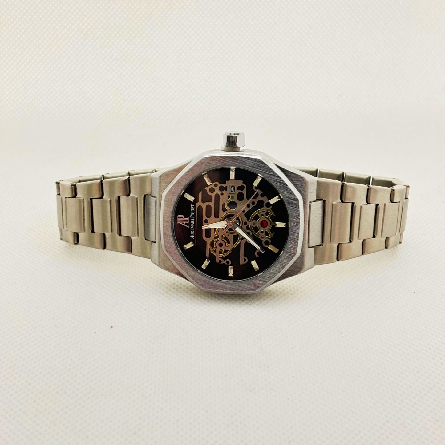 Close-up of brushed stainless steel watch bracelet with adjustable clasp for secure fit