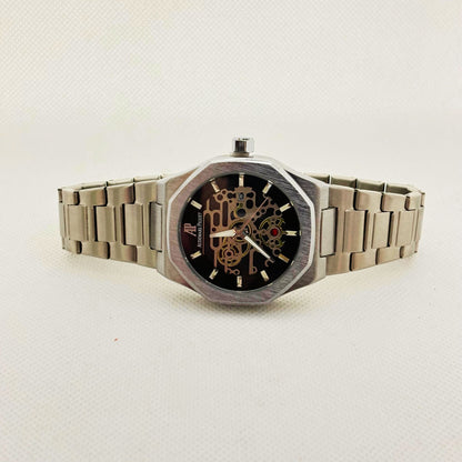 Close-up of brushed stainless steel watch bracelet with adjustable clasp for secure fit