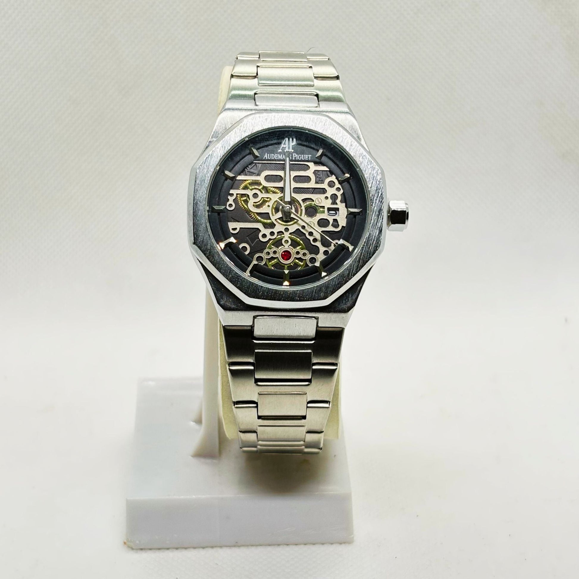 Close-up of brushed stainless steel watch bracelet with adjustable clasp for secure fit